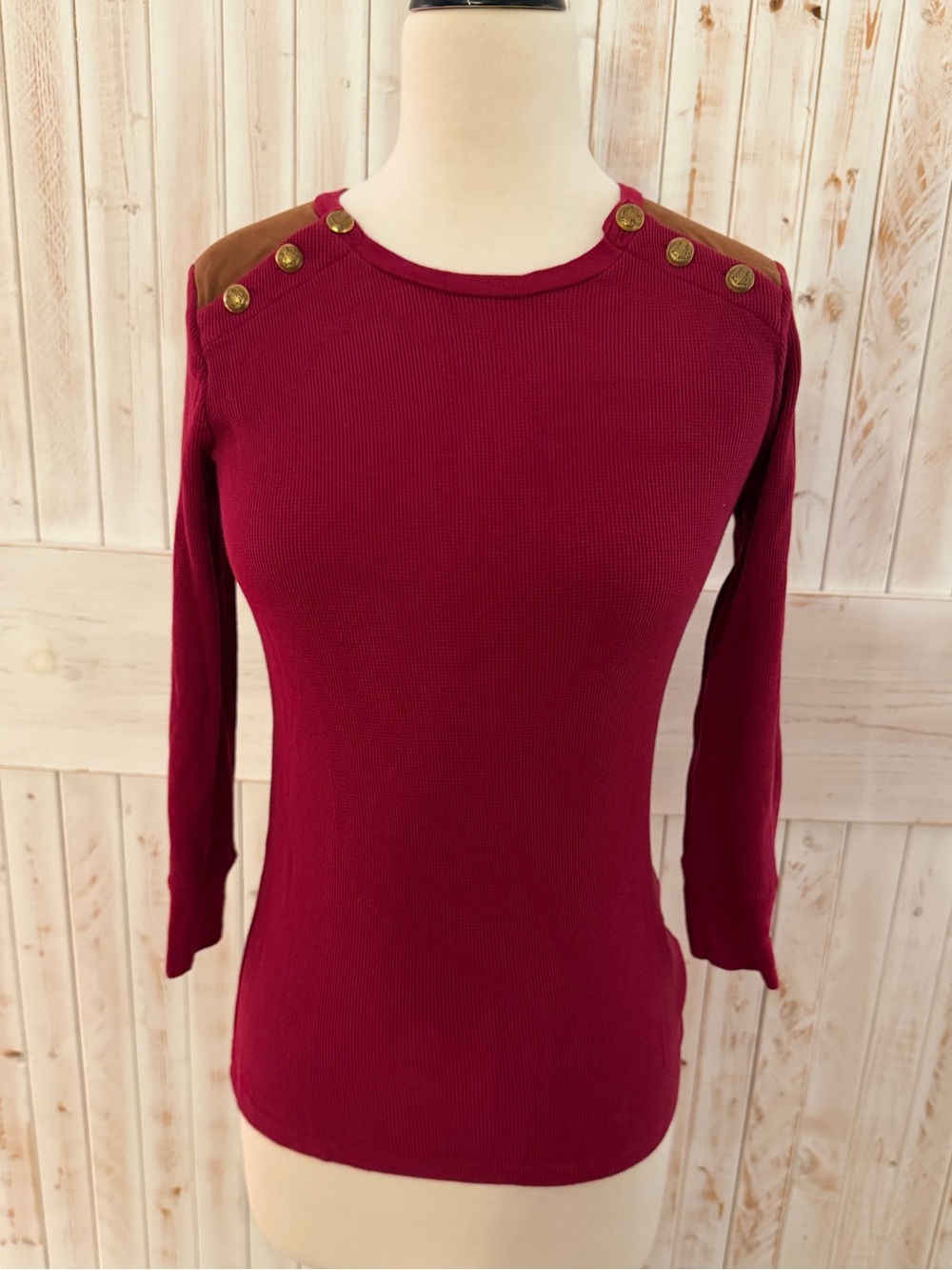 Ralph Lauren Burgundy Long-Sleeve Ribbed Top with Gold Shoulder Buttons S